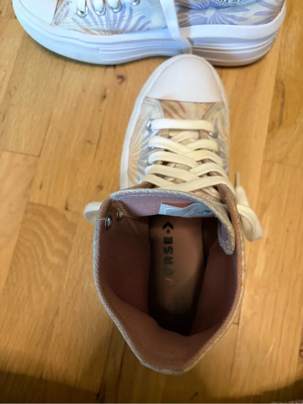 Converse High-Top Sneakers in Pale Pink and White with Subtle Floral Print
